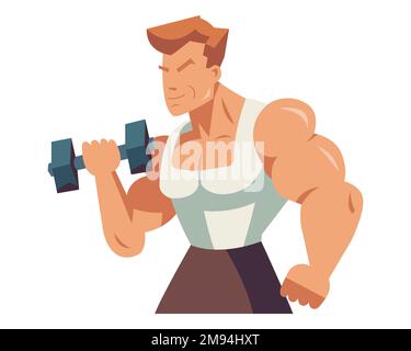 a big pumped-up man lifts dumbbells. classes in a sports club. pumping muscles. flat vector illustration. Stock Vector