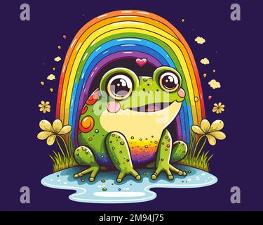 a green frog sits in a puddle under a colorful rainbow. flat vector illustration. Stock Vector