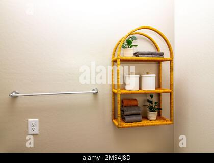 Bathroom Towel Bar And Woven Wall Organizer Stock Photo
