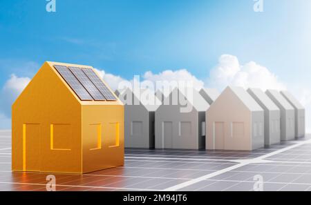 golden house model with Solar panels on the rooftop put on the solar panel surface. leadership concept in sustainable energy.3D render Stock Photo