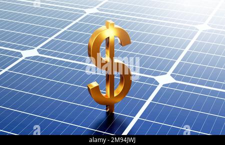 The golden US Dollar currency symbol put on the solar panel surface. sustainable energy concept, save money, wealth, and reduce global warming.3D rend Stock Photo