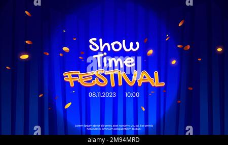 Show or festival announcement banner template. Vector cartoon illustration of closed blue drapery curtains on theater or concert hall stage, golden confetti flying in air, text illuminated by spotlight Stock Vector