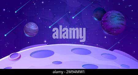 Fantasy alien planets and meteors in outer space. Moon surface landscape with craters, stars, planets, comets and asteroids in dark sky, vector cartoon illustration Stock Vector