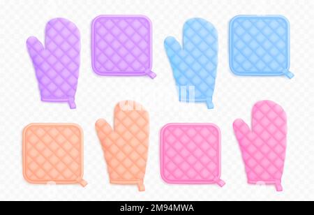 Kitchen mittens and potholders, fabric holders for cooking. Template of textile oven mitts and gloves in pastel colors, vector realistic illustration Stock Vector