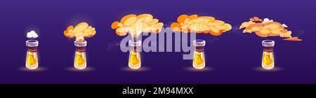 Potion bottle with puff cloud animation set isolated on background. Vector cartoon illustration of glass flasks or test tube with magic yellow elixir, explosion or evaporation gas effect Stock Vector