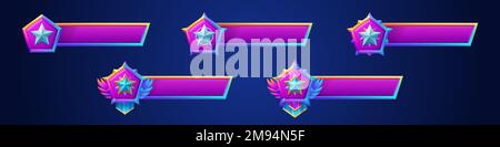 Game banners with star badges. Ranking icons of level achievement and empty title bar. Game interface elements isolated on background, vector cartoon illustration Stock Vector