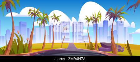 Car road to city with palm trees. Summer tropical landscape with cityscape and empty highway. Concept of resort, vacation and travel, vector cartoon illustration Stock Vector