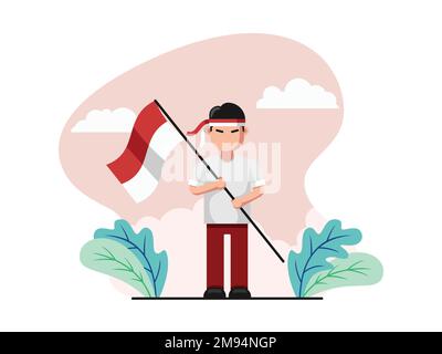 Illustration Flat design of Indonesian Young Warrior Holding a Flag - flat design vector illustration Stock Vector