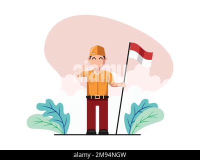 Illustration Flat Design of The Patriot Soldier holding a flag with a salute - Flat design vector illustration Stock Vector