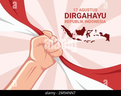 Poster Illustration of Indonesia Independence Day Background with hand holding a flag - vector design concept Stock Vector