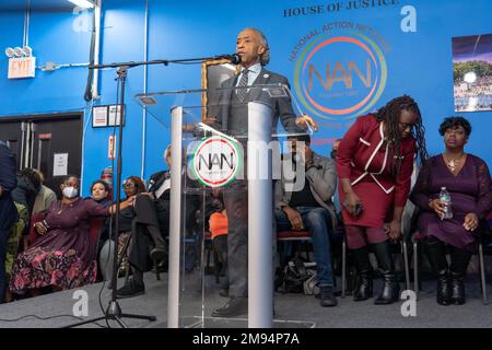 NEW YORK, NY - JANUARY 16: Rev. Al Sharpton speaks during a Martin Luther King Jr. Day event in Harlem on January 16, 2023 in New York City. Credit: Ron Adar/Alamy Live News Stock Photo