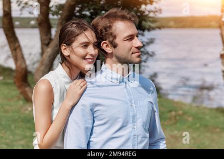 young couple during a country walk . close-up. Stock Photo