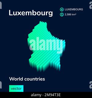 Luxembourg 3D map. Stylized striped isometric vector map of Luxembourg is in neon green and mint colors on the dark blue background Stock Vector