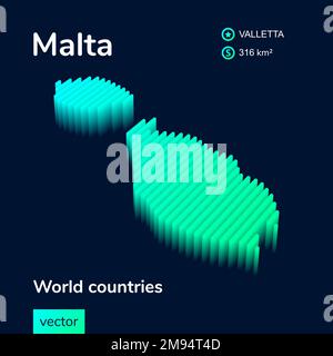 3d vector isometric Malta map in neon green colors on dark blue background. Stylized map of Malta. Stock Vector