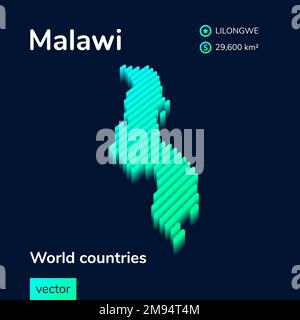 Malawi 3D map. Stylized striped vector isometri Map of Malawi is in neon green and mint colors Stock Vector