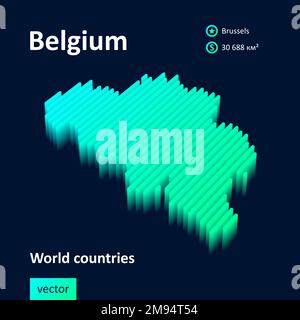 Belgium 3D map. Stylized striped vector isometric Map of Belgium is in neon green and mint colors Stock Vector