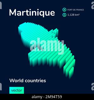 Martinique 3D map. Stylized neon simple digital isometric striped vector Map in green colors Stock Vector