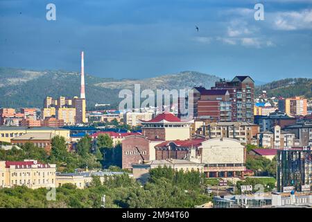 Ulan-Ude, Russia - July 20, 2022: Panoramic view from the height of the city in summer on a bright sunny day Stock Photo