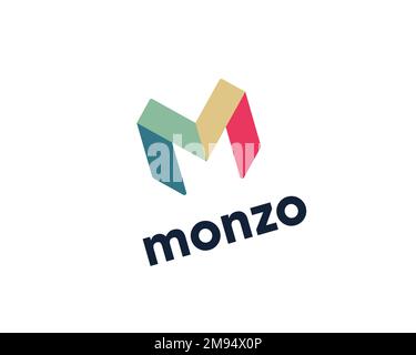 Monzo bank, rotated logo, white background Stock Photo