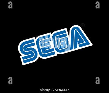 Sega, rotated logo, black background Stock Photo
