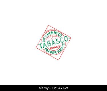 Tabasco sauce, rotated logo, white background Stock Photo