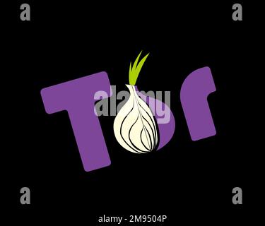 Tor anonymity network, rotated logo, black background Stock Photo