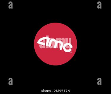 AMC Theatres, Rotated Logo, Black Background B Stock Photo