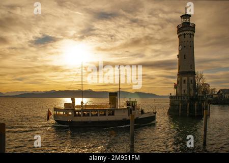 Harbour entrance of Lindau at Lake Constance in the evening, Swabia, Bavaria, Germany Stock Photo