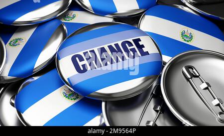 Change in El Salvador - national flag of El Salvador on dozens of pinback buttons symbolizing upcoming Change in this country. ,3d illustration Stock Photo