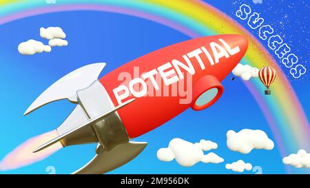 Potential lead to achieving success in business and life. Cartoon rocket labeled with text Potential, flying high in the blue sky to reach the rainbow Stock Photo