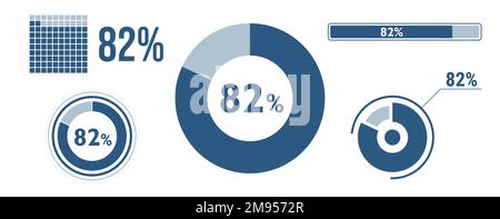 82 percent loading data icon set. Eighty-two circle diagram, pie donut chart, progress bar. 82% percentage infographic. Vector concept collection, blu Stock Vector