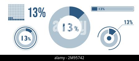13 percent loading data icon set. Thirteen circle diagram, pie donut chart, progress bar. 13% percentage infographic. Vector concept collection, blue Stock Vector