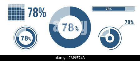 78 percent loading data icon set. Seventy-eight circle diagram, pie donut chart, progress bar. 78% percentage infographic. Vector concept collection, Stock Vector