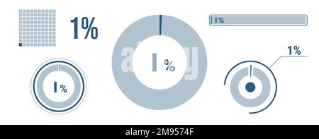 1 percent loading data icon set. One circle diagram, pie donut chart, progress bar. 1% percentage infographic. Vector concept collection, blue color. Stock Vector
