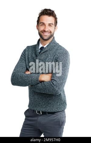 Business man, happy portrait and smile for motivation for leadership and corporate success in studio. Male model with arms crossed isolated on a white Stock Photo