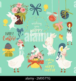 Easter Set with Cute White Bunnies, Gooses and Easter Eggs Stock Vector