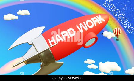 Hard work lead to achieving success in business and life. Cartoon rocket labeled with text Hard work, flying high in the blue sky to reach the rainbow Stock Photo