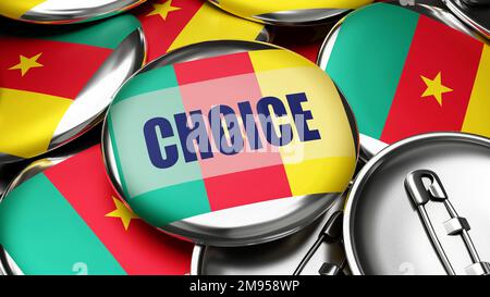 Choice in Cameroon - national flag of Cameroon on dozens of pinback buttons symbolizing upcoming Choice in this country. ,3d illustration Stock Photo