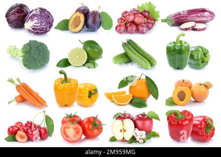 Fruits and vegetables collection isolated on white with apple tomatoes orange lettuce fresh fruit berries Stock Photo