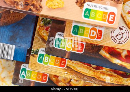 Nutri Score nutrition label symbol healthy eating for food Nutri-Score Stock Photo