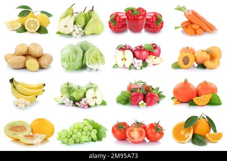 Fruits and vegetables background collection isolated on white with apple tomatoes orange fresh fruit collage Stock Photo
