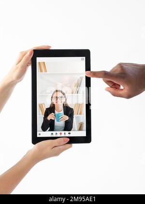 e-learning course video call teacher on tablet Stock Photo