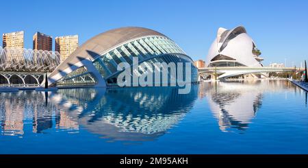 Valencia, Spain - February 18, 2022: Ciutat de les Arts i les Ciencies modern architecture by Santiago Calatrava panorama in Valencia, Spain. Stock Photo