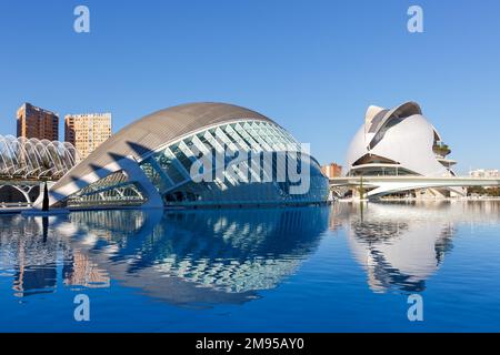 Valencia, Spain - February 18, 2022: Ciutat de les Arts i les Ciencies modern architecture by Santiago Calatrava in Valencia, Spain. Stock Photo