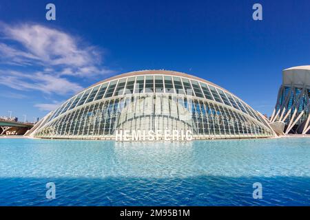 Valencia, Spain - February 17, 2022: Ciutat de les Arts i les Ciencies with Hemisferic building modern architecture by Santiago Calatrava in Valencia, Stock Photo