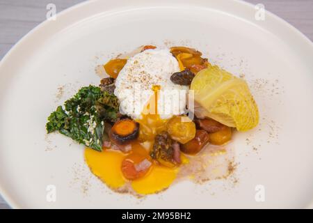 Recipe for braised cabbage, multicoloured carrots, onions, chanterelle mushrooms, poached egg and kale chips Stock Photo