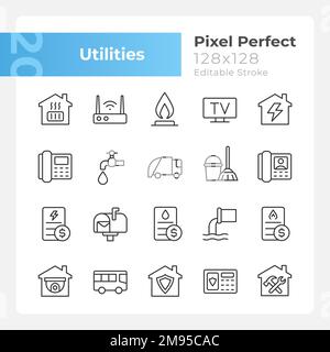 Public utilities pixel perfect linear icons set Stock Vector