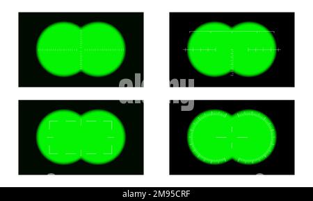 Set of binocular view templates with scales and green chromakey background. Army, hunting, discovering or tourist optical instrument for spying, magnifying, search, following. Vector illustration Stock Vector