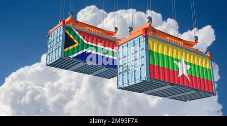 Cargo containers with Myanmar and South Africa national flags. 3D Rendering Stock Photo