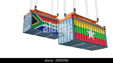 Cargo containers with Myanmar and South Africa national flags. 3D Rendering Stock Photo